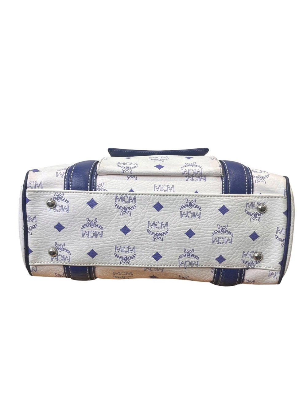 MCM White Navy Blue Visetos Monogram Leather Tote Bag Authentic with Charms - Picture 5 of 16